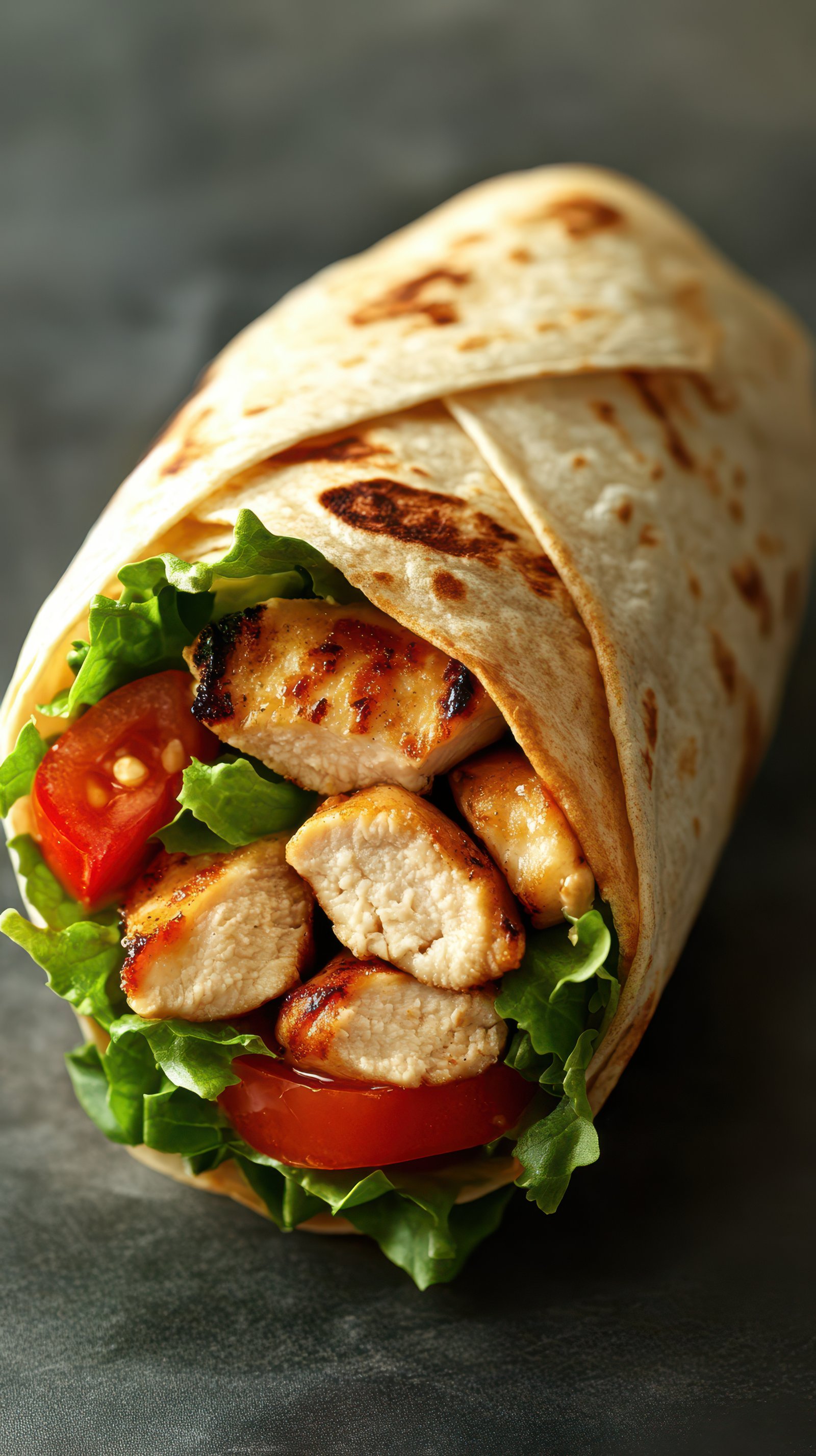 Grilled chicken wrap filled with fresh vegetables served on a dark stone background